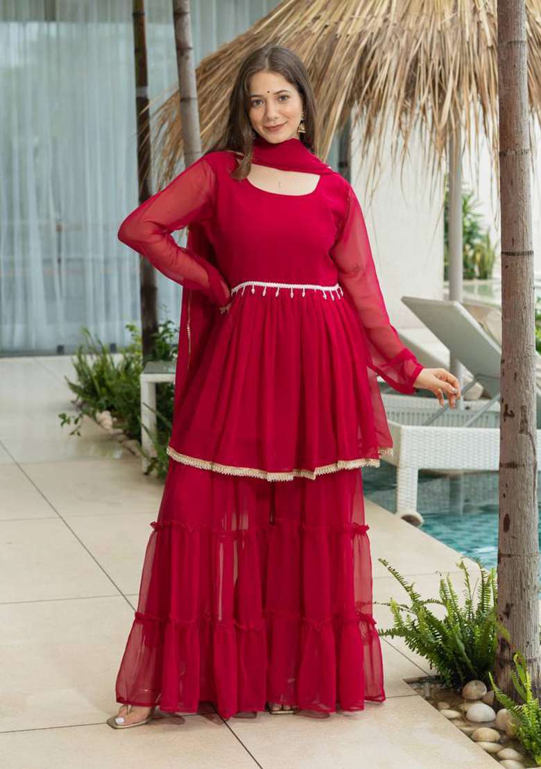 Red Solid Georgette Sharara Set - Indya