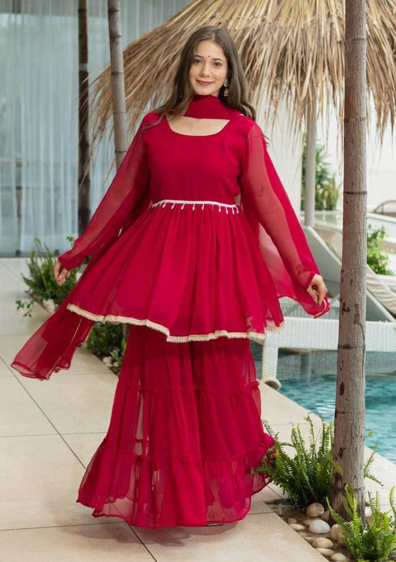 Red Solid Georgette Sharara Set - Indya