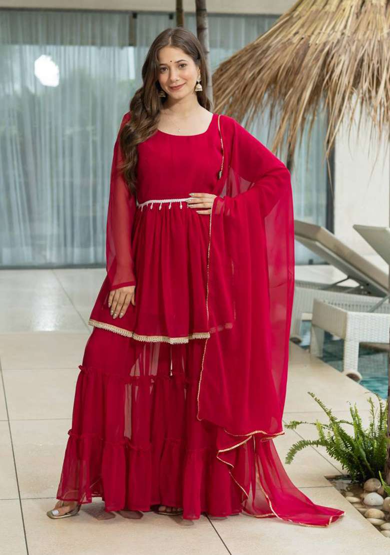 Red Solid Georgette Sharara Set - Indya