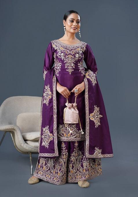 Purple Embroidered Silk Kurta Set
