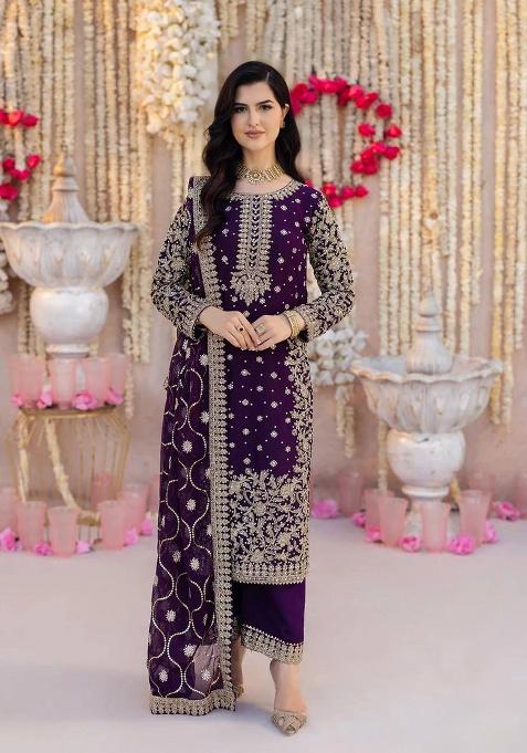 Purple Embroidered Georgette Kurta Set