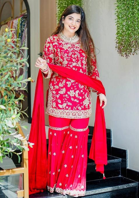 Rani Pink Embroidered Georgette Kurta Set