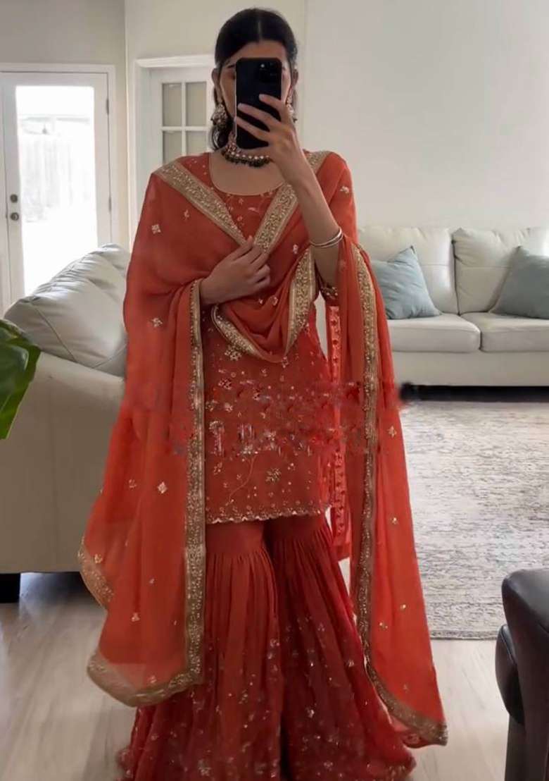 Rust Embroidered Georgette Sharara Set - Indya