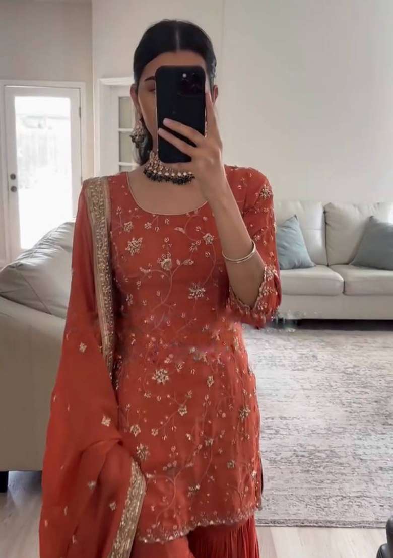 Rust Embroidered Georgette Sharara Set - Indya