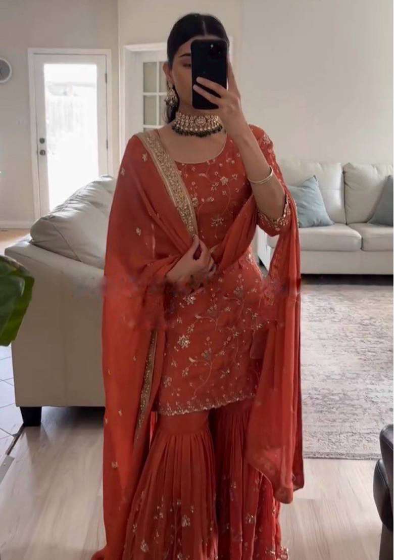 Rust Embroidered Georgette Sharara Set - Indya