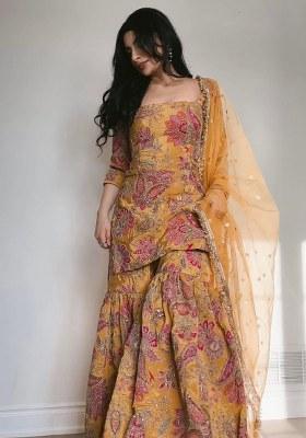 Yellow Embroidered Chinon Kurta Set
