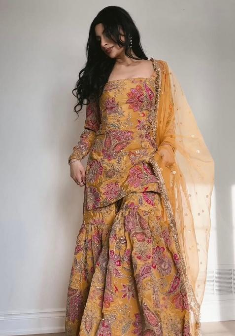 Yellow Embroidered Chinon Kurta Set