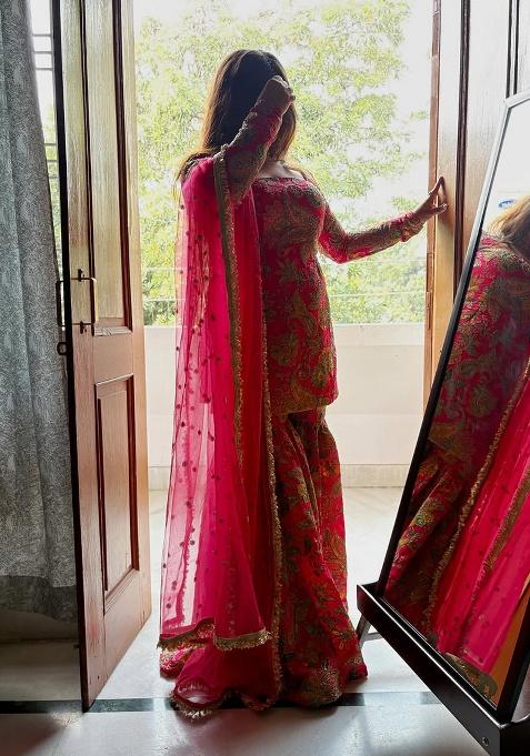 Pink Embroidered Chinon Kurta Set