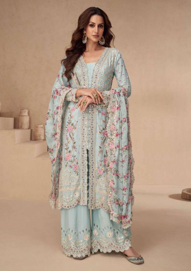 Sky Blue Embroidered Silk Kurta Set - Indya