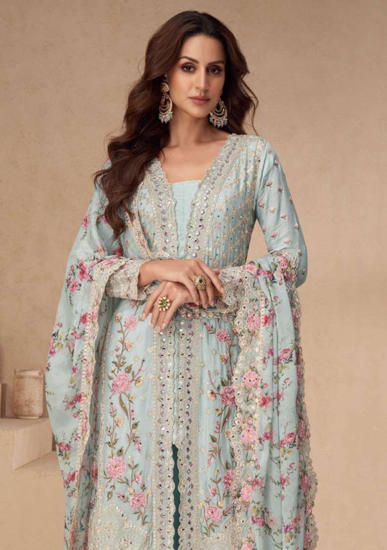 Sky Blue Embroidered Silk Kurta Set - Indya