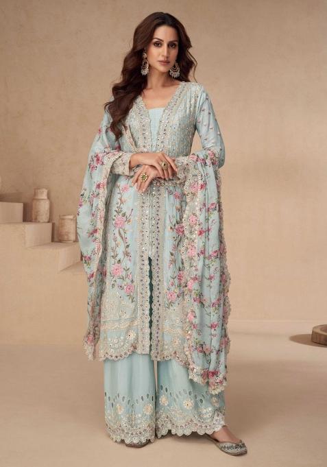 Sky Blue Embroidered Silk Kurta Set