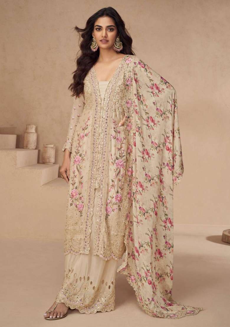 Beige Embroidered Silk Blend Kurta Set - Indya