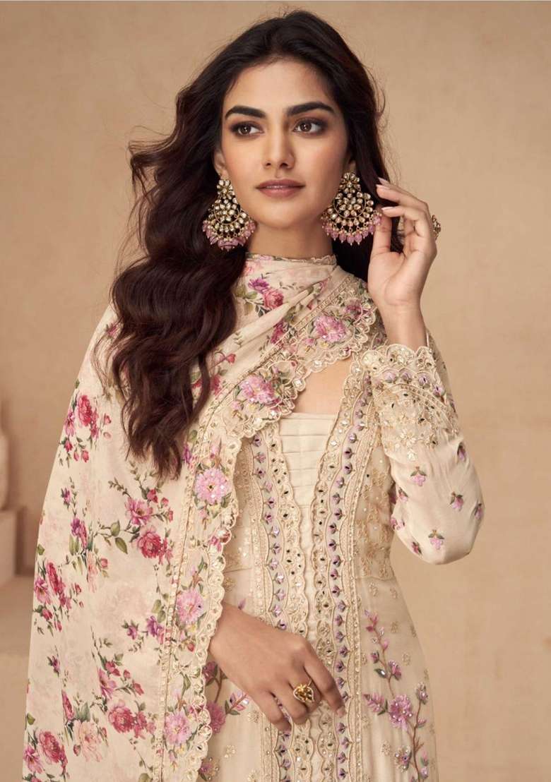 Beige Embroidered Silk Blend Kurta Set - Indya