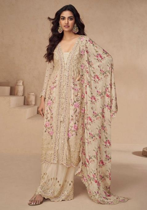 Beige Embroidered Silk Kurta Set