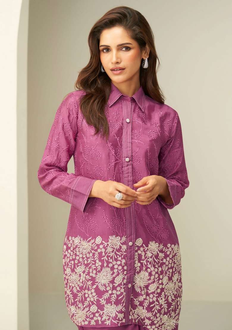 Pink Embroidered Silk Blend Co Ord Set - Indya