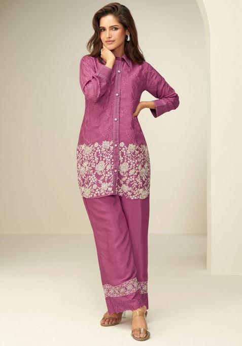 Pink Embroidered Silk Co Ord Set