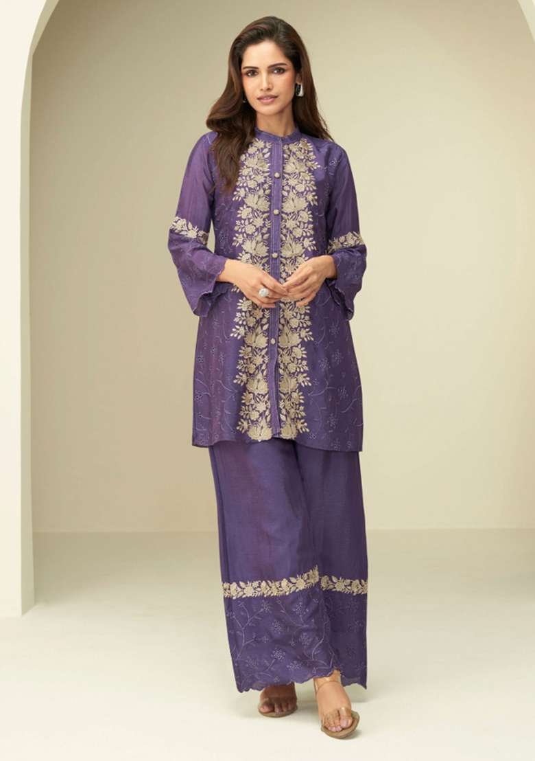 Purple Embroidered Silk Blend Sharara Set - Indya