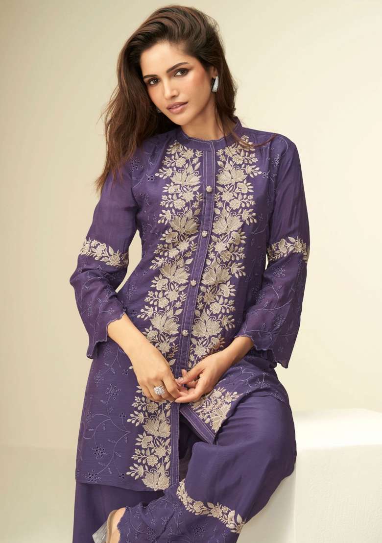 Purple Embroidered Silk Blend Sharara Set - Indya