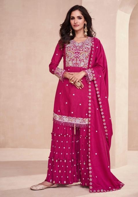 Pink Embroidered Silk Sharara Set