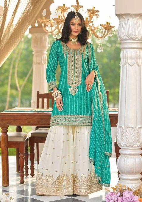 Turquise Blue Embroidered Silk Kurta Set