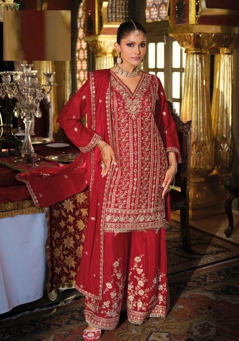 Red Embroidered Silk Kurta Set