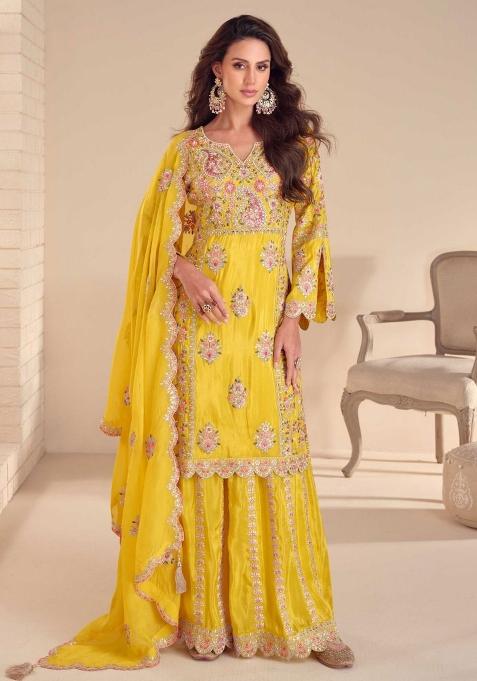 Yellow Embroidered Shimmer Kurta Set