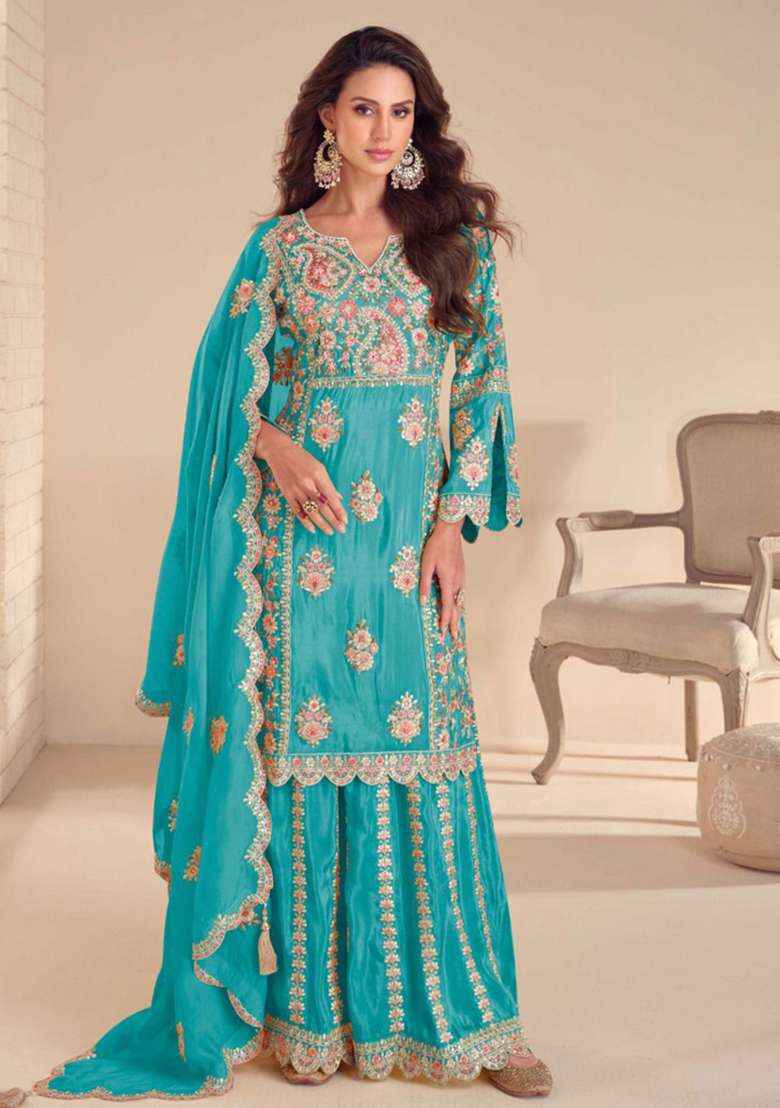 Aqua Blue Embroidered Shimmer Sharara Set - Indya