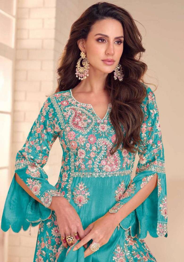 Aqua Blue Embroidered Shimmer Sharara Set - Indya