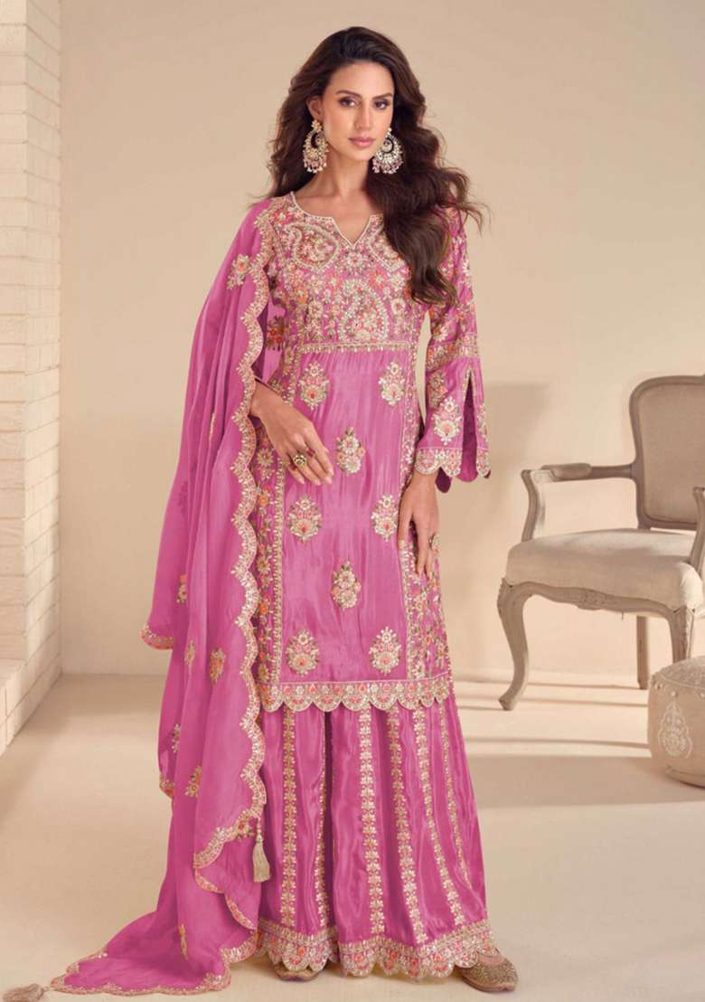 Pink Embroidered Shimmer Sharara Set - Indya