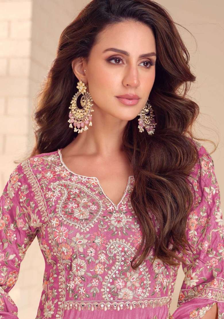 Pink Embroidered Shimmer Sharara Set - Indya