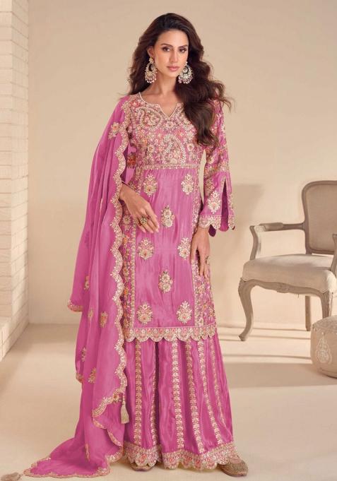 Pink Embroidered Shimmer Sharara Set