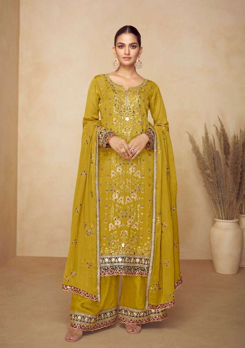 Mustard Yellow Embroidered Silk Pakistani Suit Set - Indya