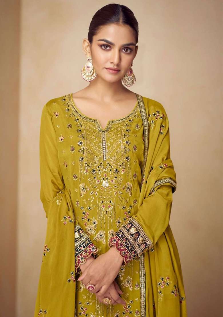 Mustard Yellow Embroidered Silk Pakistani Suit Set - Indya