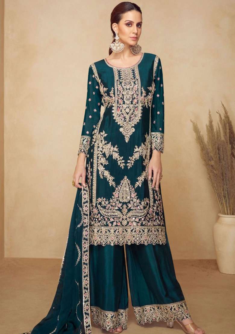 Teal Green Embroidered Silk Kurta Set - Indya