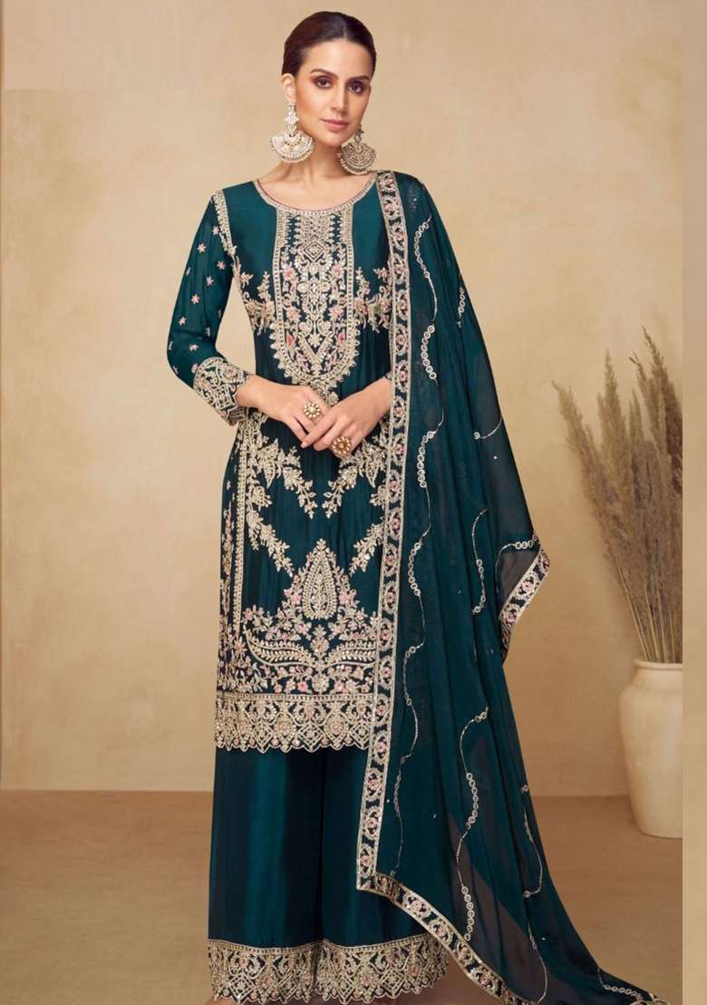 Teal Green Embroidered Silk Kurta Set - Indya