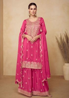 Rani Pink Embroidered Silk Kurta Set