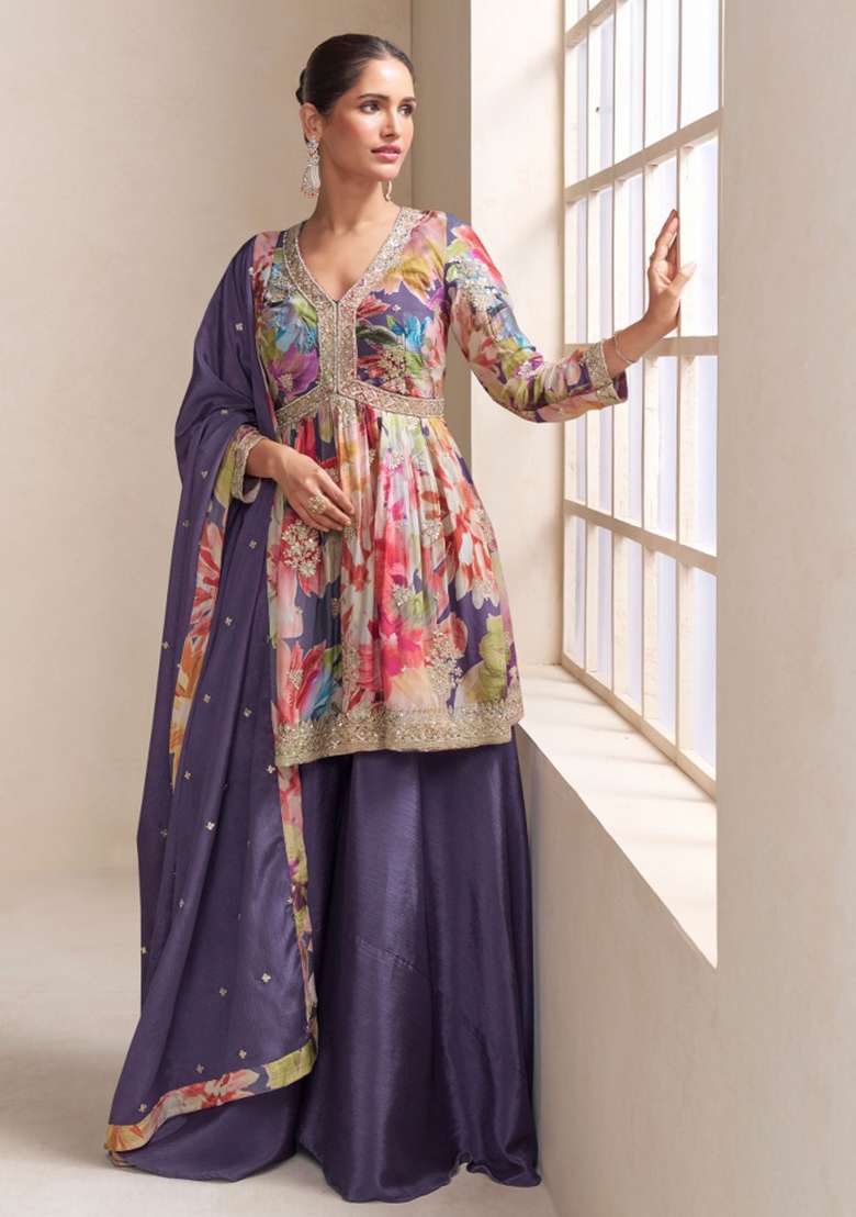Multicolour Embroidered Silk Blend Sharara Set - Indya