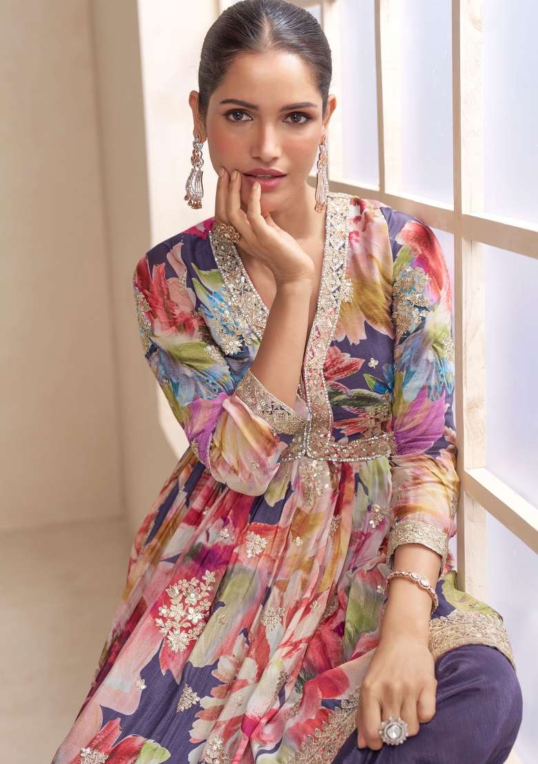 Multicolour Embroidered Silk Blend Sharara Set - Indya