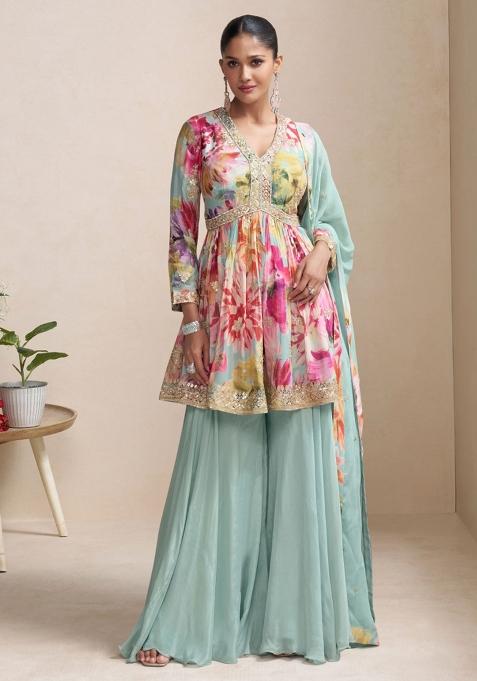 Multicolour Embroidered Silk Kurta Set