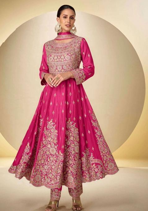 Pink Embroidered Silk Anarkali Set