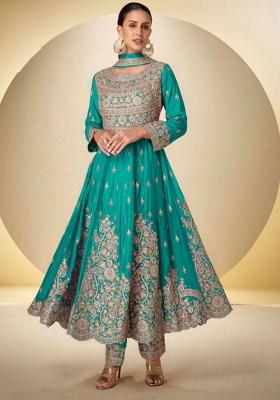Blue Embroidered Silk Anarkali Set