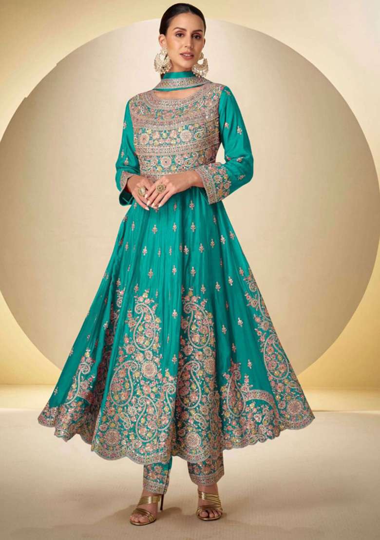 Blue Embroidered Silk Anarkali Set - Indya