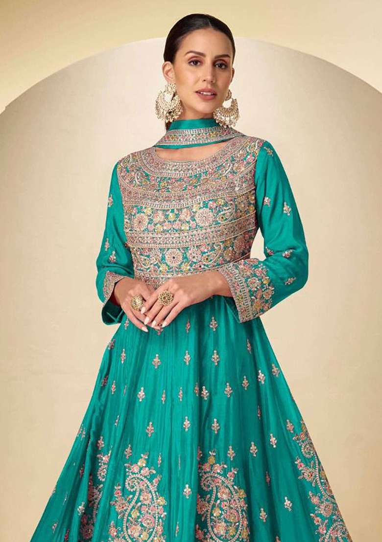 Blue Embroidered Silk Anarkali Set - Indya