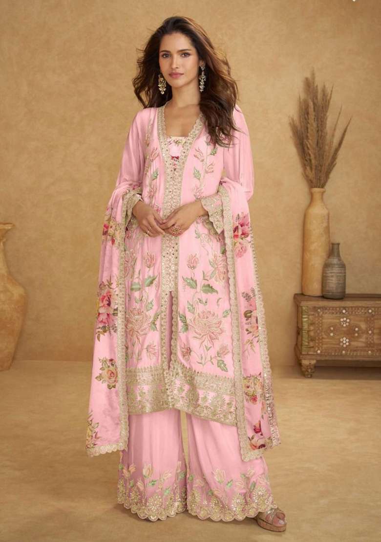 Baby Pink Embroidered Silk Blend Kurta Set - Indya