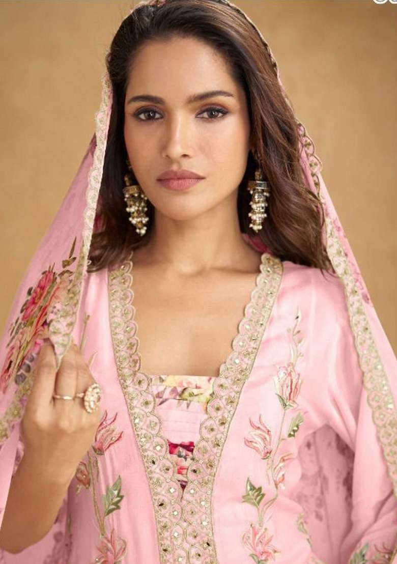 Baby Pink Embroidered Silk Blend Kurta Set - Indya