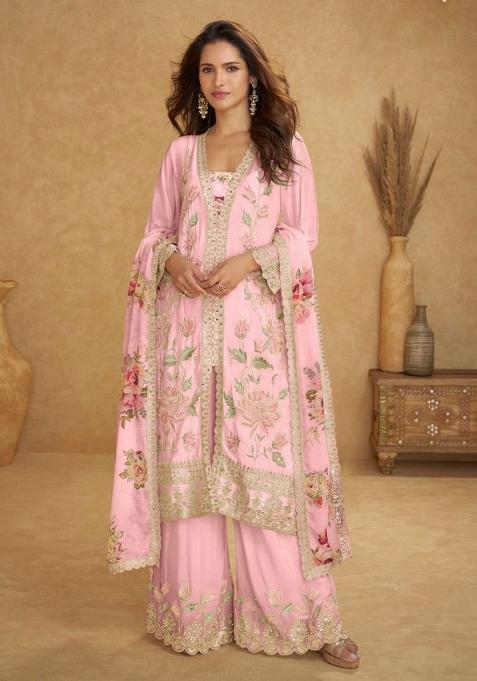 Baby Pink Embroidered Silk Kurta Set