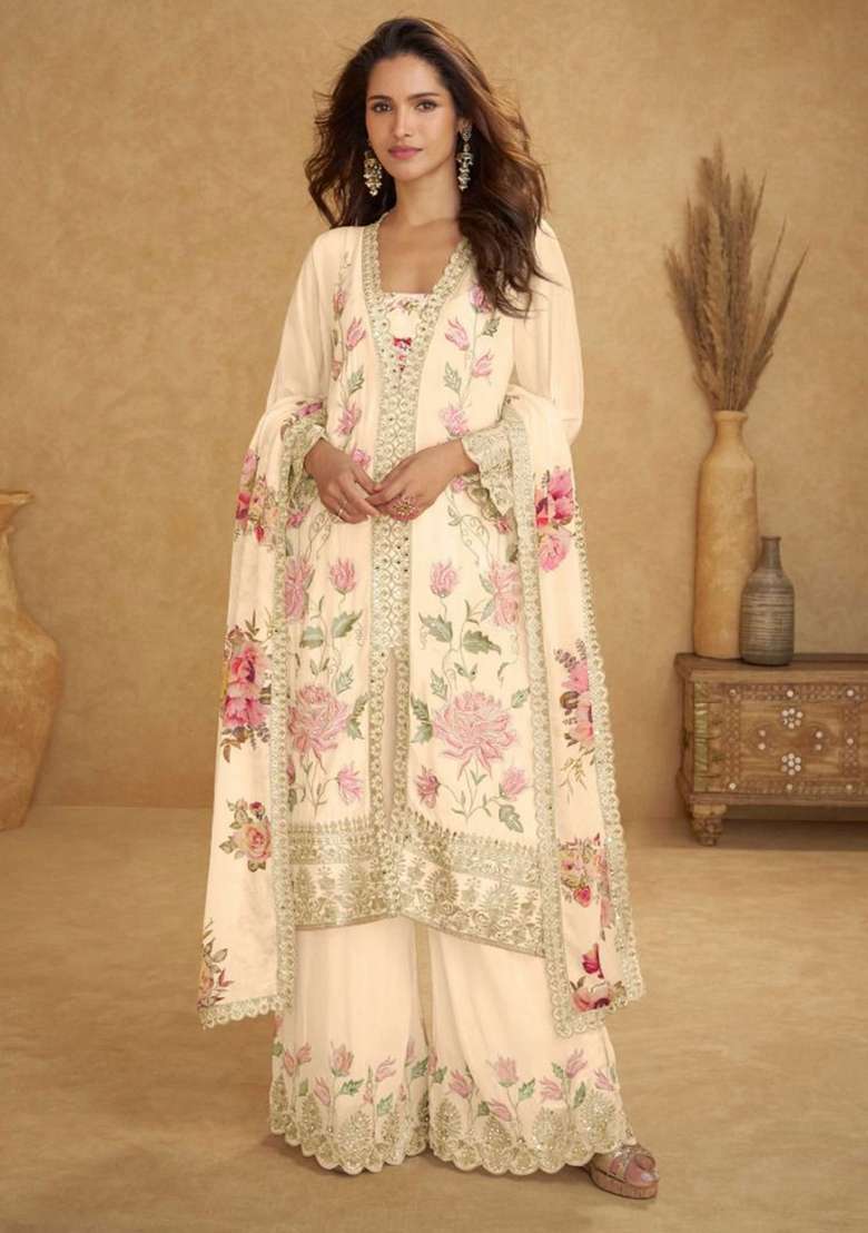 Off White Embroidered Silk Blend Sharara Set - Indya
