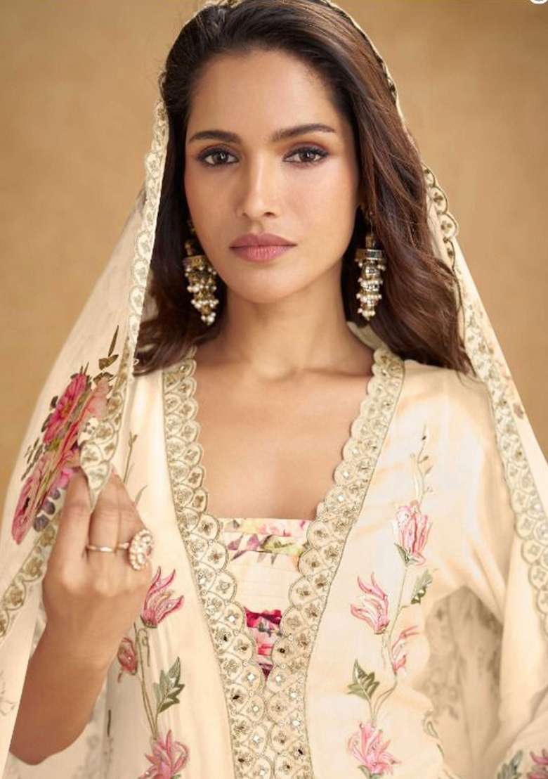Off White Embroidered Silk Blend Sharara Set - Indya