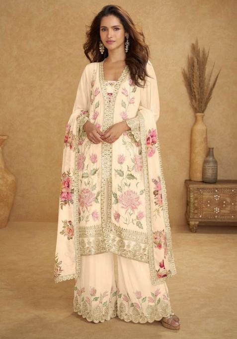 Off White Embroidered Silk Kurta Set