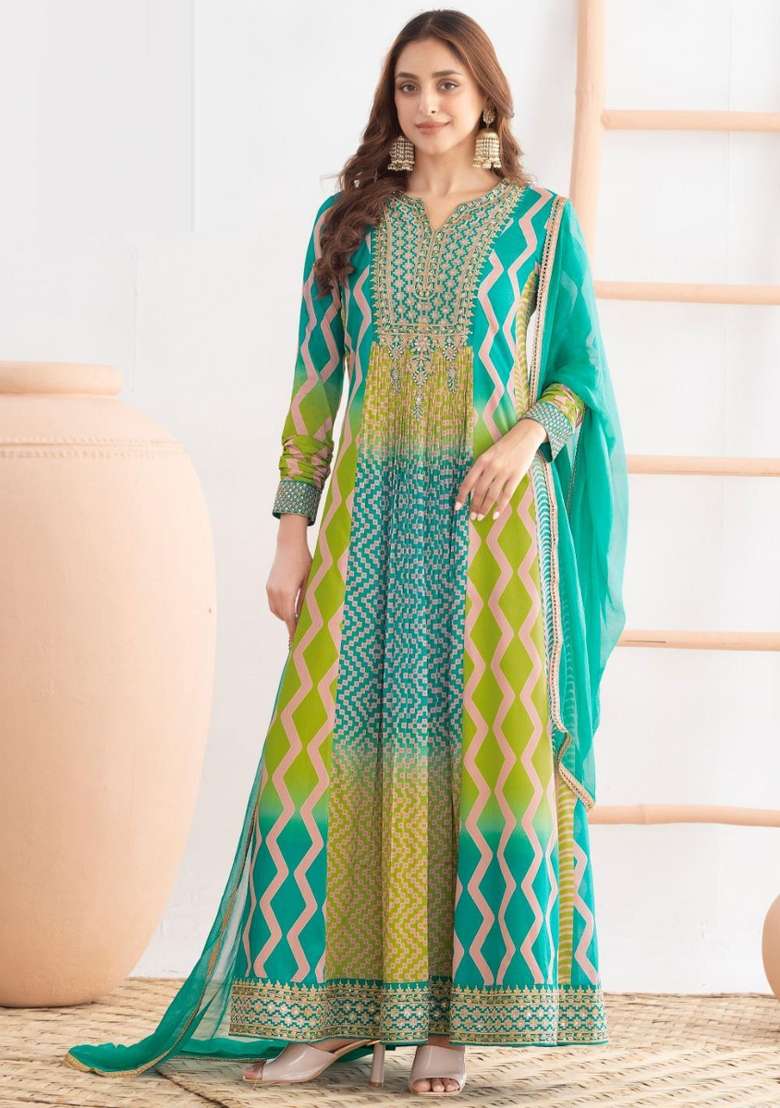Blue Printed Silk Anarkali Set - Indya